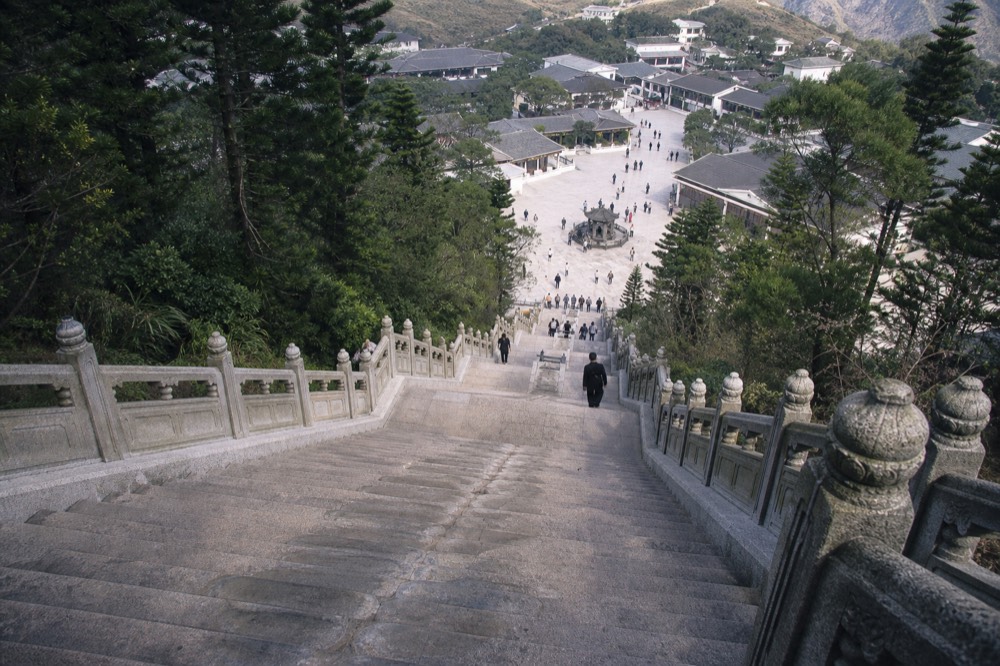 The wide stone steps and plaza below the Big Buddha on Lantau, no text, no logos, no people