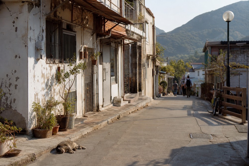 A narrow car-free island lane with bicycles and low shopfronts, no text, no logos, no people