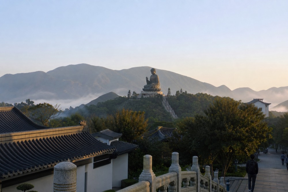 Morning light over the Ngong Ping plateau with the Buddha and monastery rooftops, no text, no logos, no people
