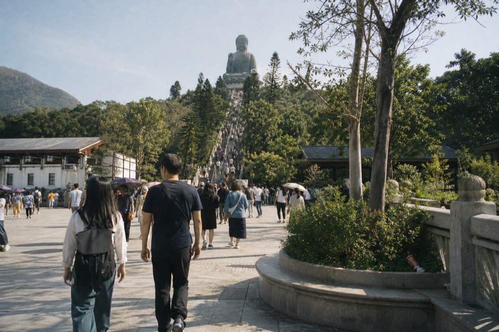 Crowds on the path toward the Big Buddha, no text, no logos, no people